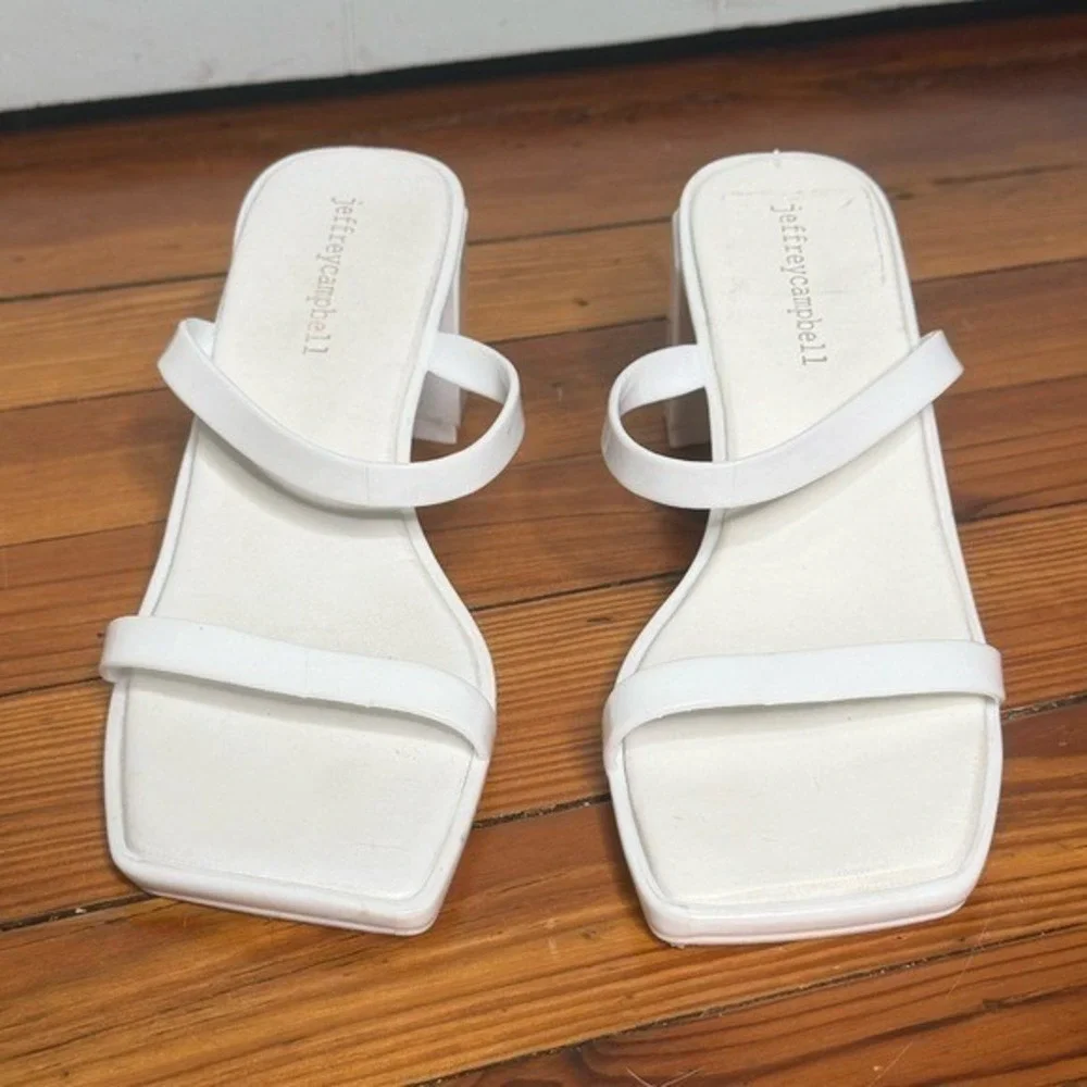 Jeffrey Campbell Glossy Patent White Strappy Sandal with Block Heel